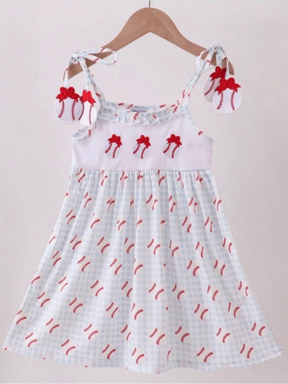 NEW - Abby & Evie - Girls Baseball Appliqué Ruffle Blue Gingham Dress - Size 3